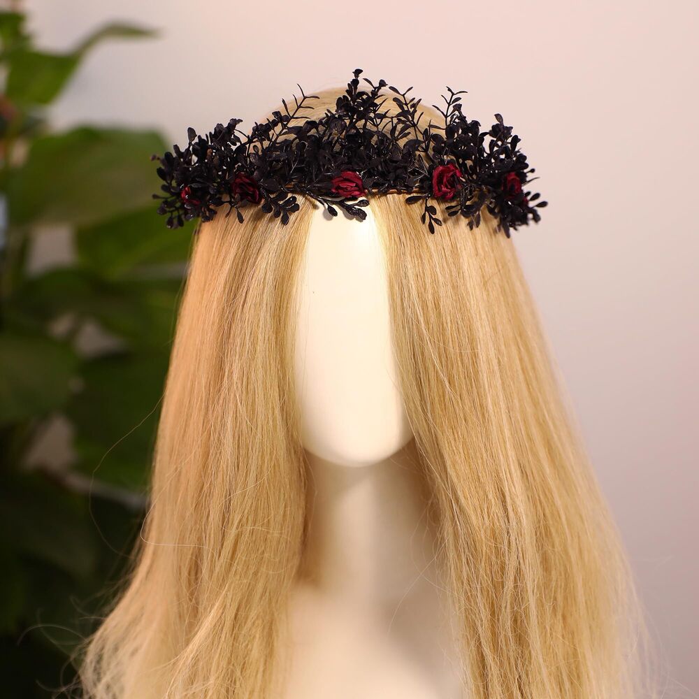 2487 Gothic Black Flower Crown - Woodland Fairy Headpiece Dark Forest - Picture 2 of 7